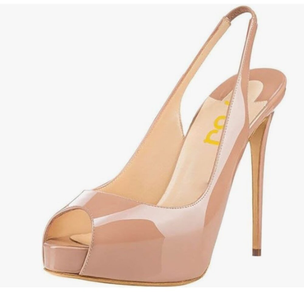 FSJ Nude Peep Toe Extreme High Heels Platform Sandals Slingback Prom Dress Pumps